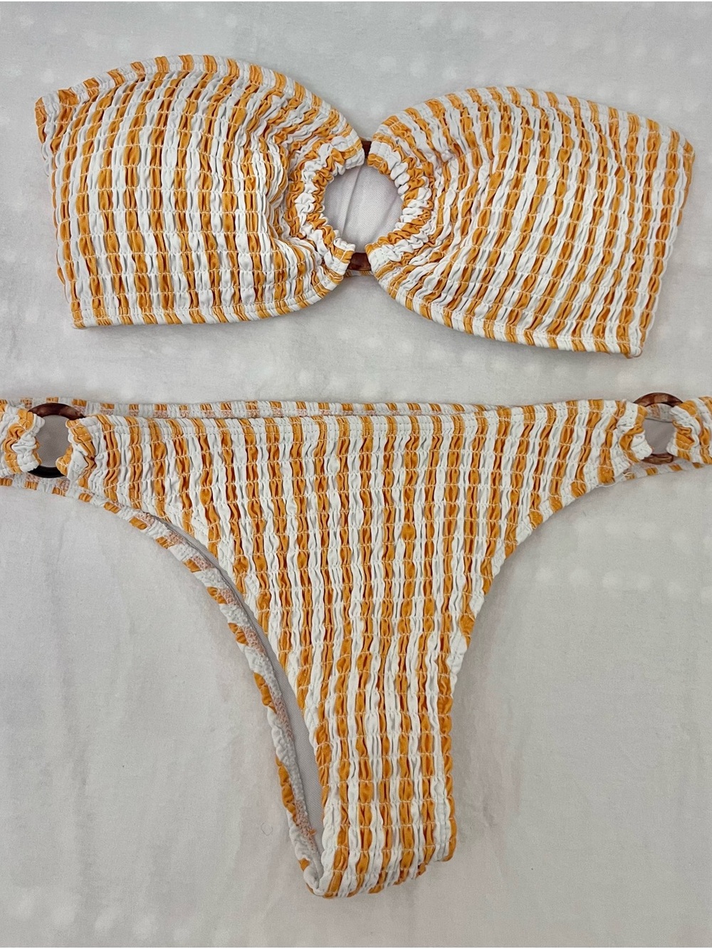 Striped Smocked Bikini Set in White and Mustard women swimwear